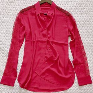 NWOT The Kooples Red Button Down Lace Panel Sleeve Blouse Shirt Top Size S